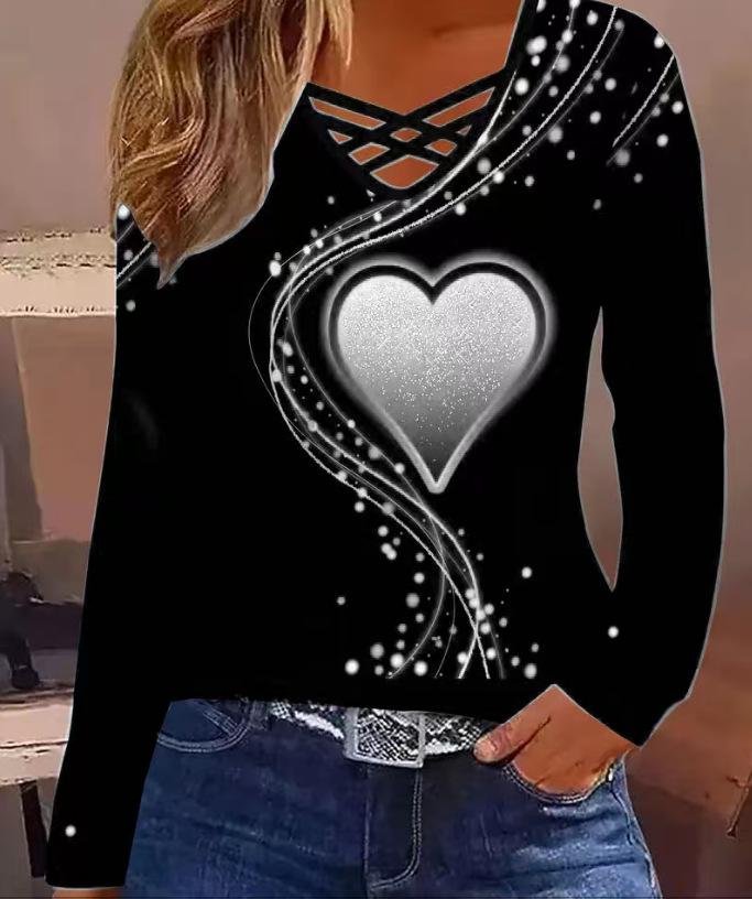 Damen T-Shirt mit Herzmuster und überkreuzten Trägern, Langarm