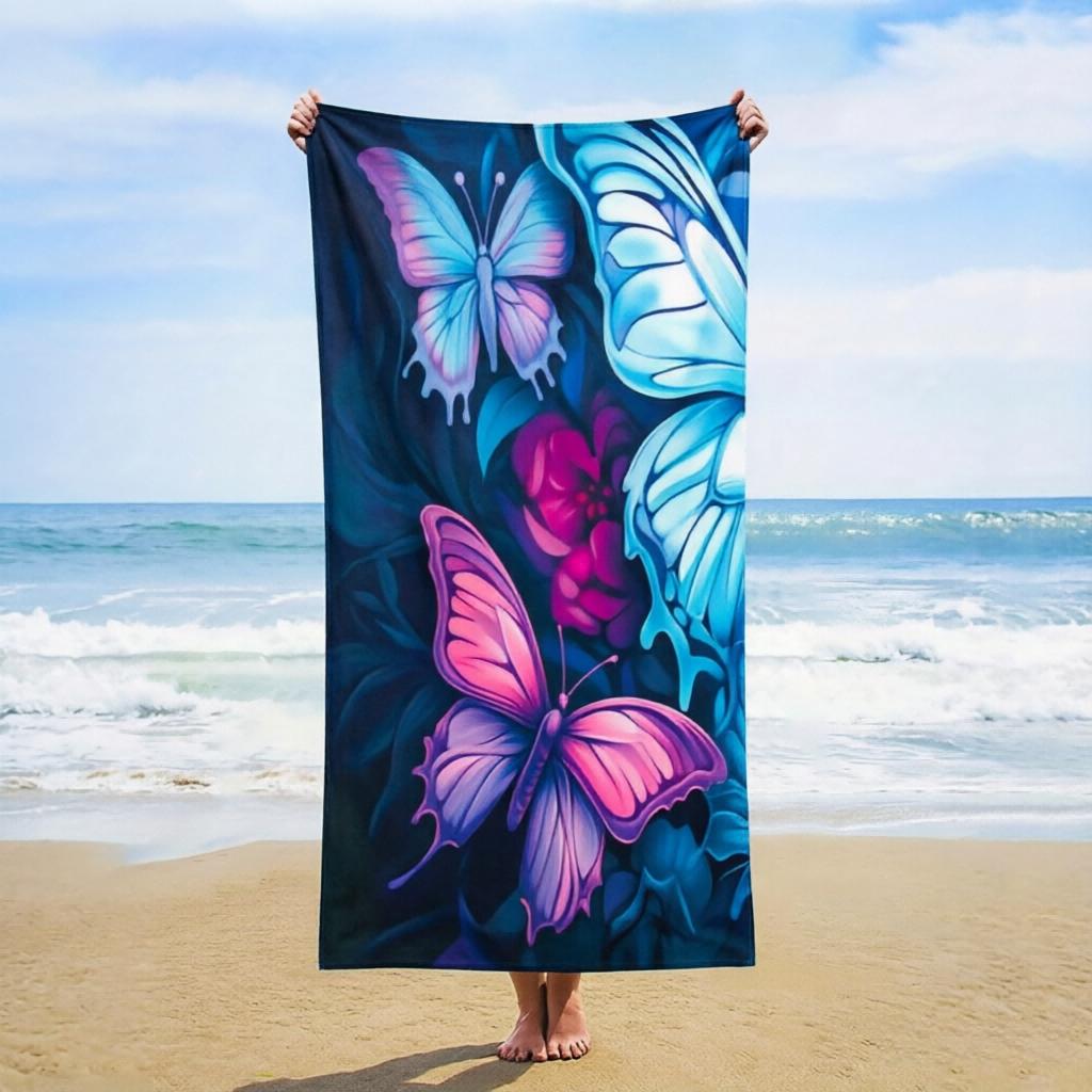 1Pc Retro Butterfly Floral Microfiber Beach Towel, Sand-Free & Lightweight. Portable Unisex Towel For Pool, Surfing And Fitness