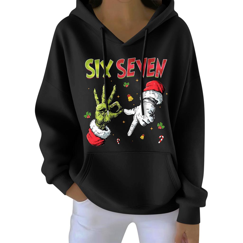 Damenmode Damen Leichter Langarmpullover mit Taschen Preppy Graphic Hoodie