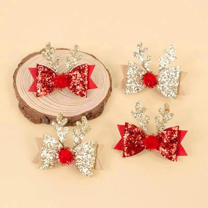 2/4pcs Christmas Elk Ear Bow Hair Clip Glitter Gold Red Hairpin Women Girls Headdress New Year Party Barrettes Cosplay Headwear