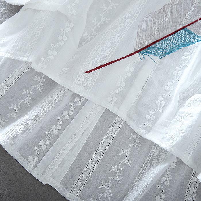 Summer Loose Cotton Blouse Lace V-neck Embroidered Balloon Sleeve Shirt Women's Top