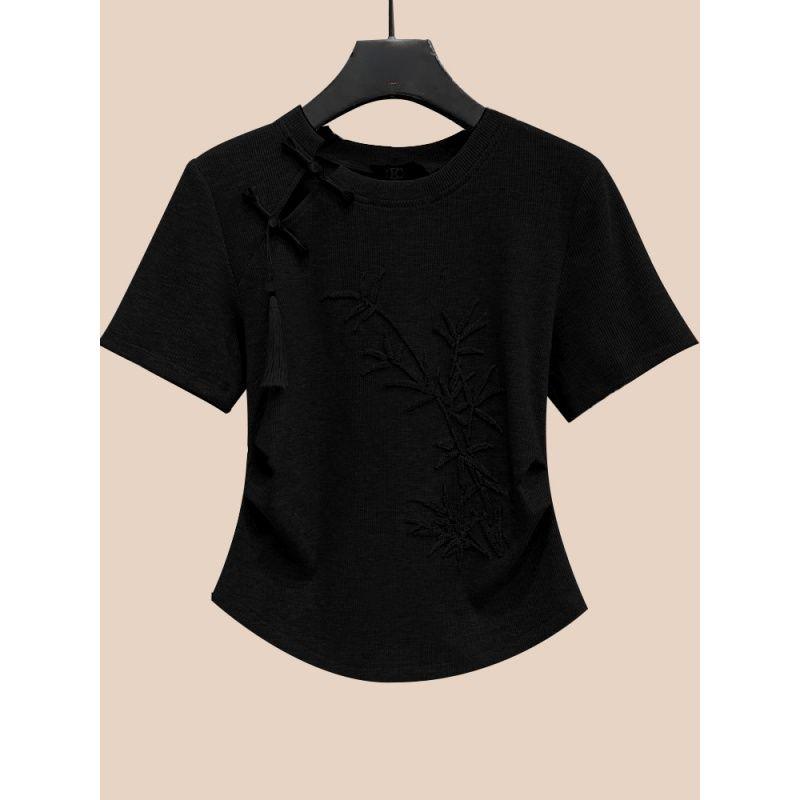 Beautiful Embroidery Button Tee Women's Short Sleeve Cotton Shirt
