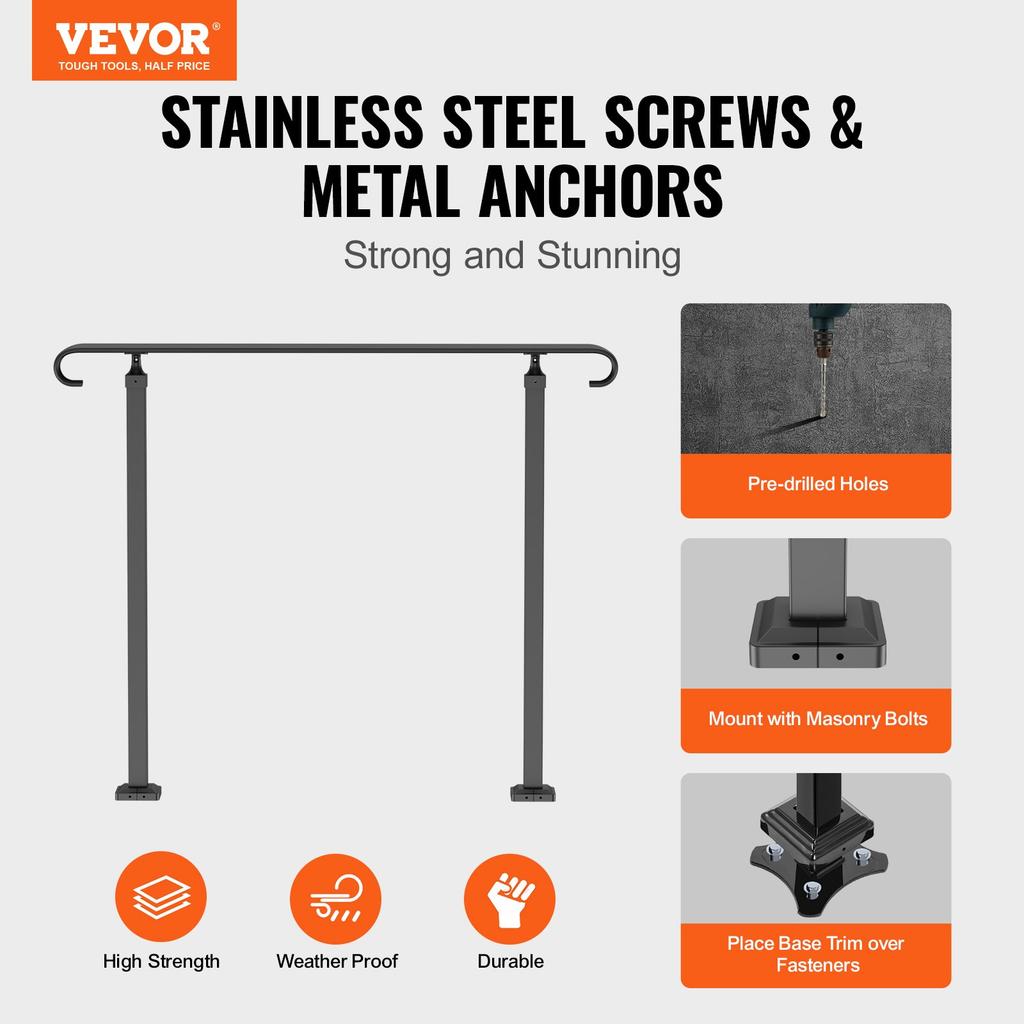 VEVOR Wrought Iron Handrail, Fit 2 or 3 Steps Outdoor Stair Railing, Adjustable Front Porch Hand Rail