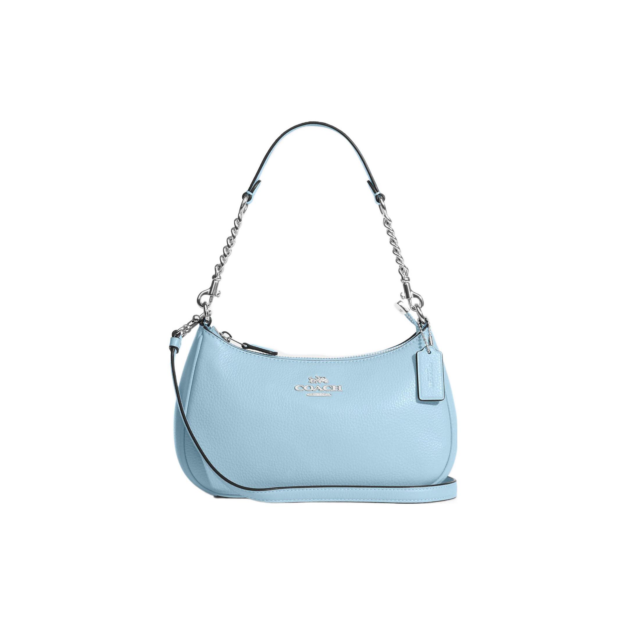Coach Teri 24 Solid Color Silver Letter Logo Embossed Nameplate Pebbled Leather Crescent Bag Women Shoulder Bag Blue CA209-SVQVE Basic Set (Bag+Dust Bag)
