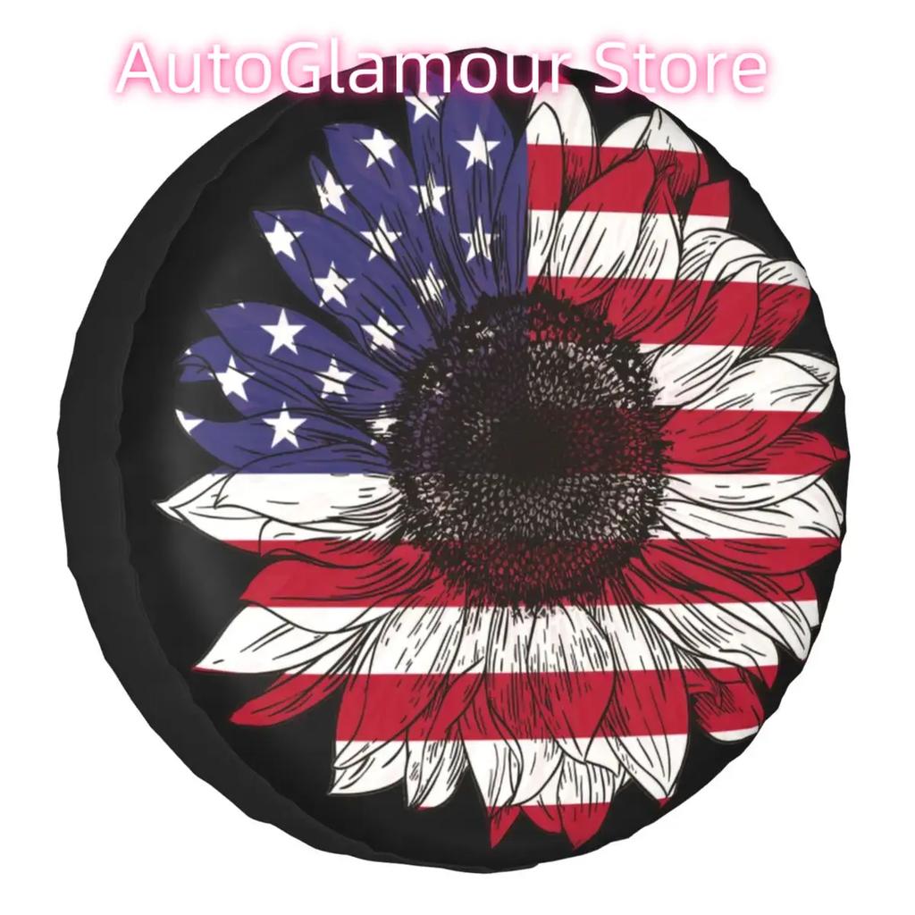Sunflower American Flag Spare Tire Cover Bag Pouch for Jeep Pajero Flower Waterproof Car Wheel Covers 14" 15" 16" 17" Inch