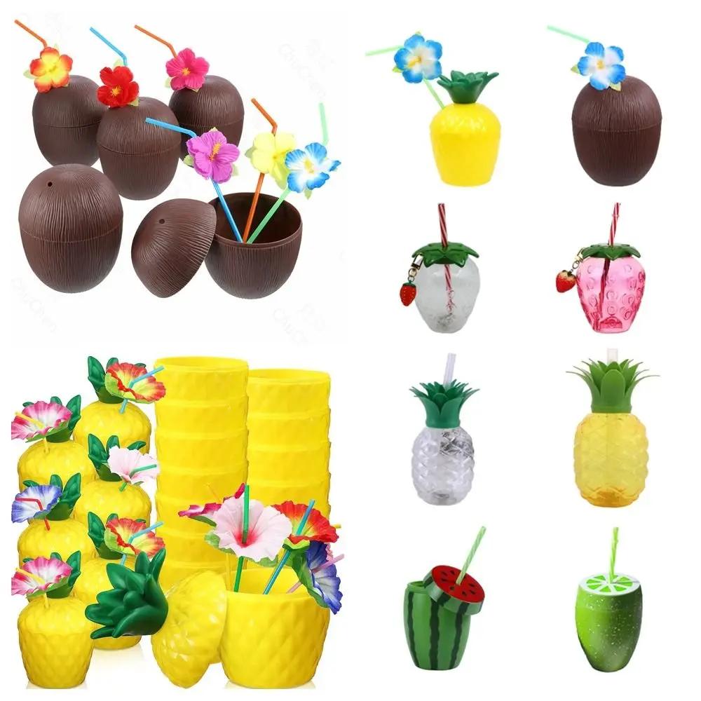 Cartoon Fruit Straw Cup Strawberry Pineapple Food Grade Plastic Water Bottle Watermelon Lemon Coconut Tea Milk Juice Drinkware