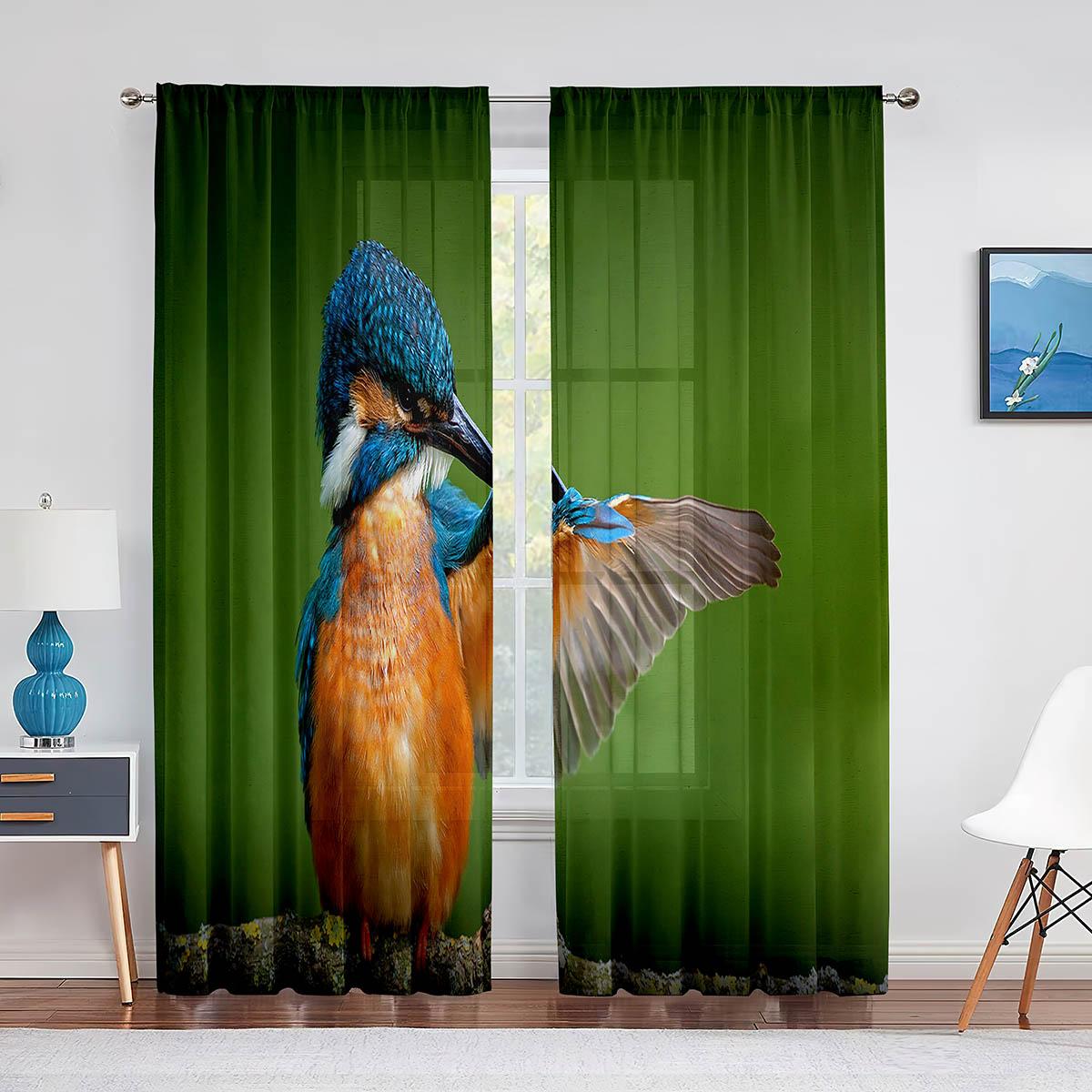 Тюлевые прозрачные шторы с милой синей птицей на ветке дерева для гостиной — фото 7