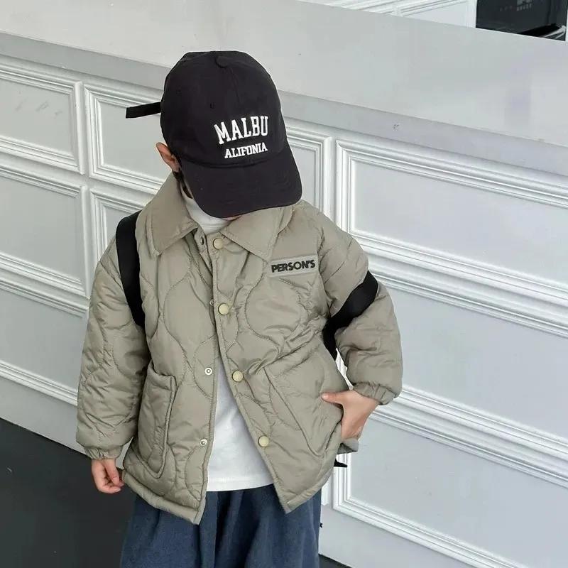 Autumn Winter Children's Cotton Jacket Winter Boys Solid Color Thick Plus Velvet Warm Coat Teen Children Outerwear Clothing