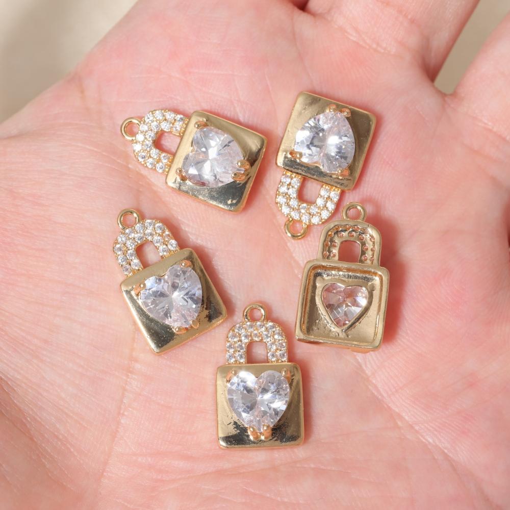 Romantic Heart Lock Pendant Charms, Golden Plated Copper Inlaid Heart Zirconia Findings for Handmade Jewelry Accessories