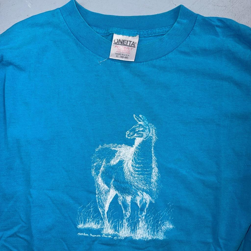 Oneita XL Blue VTG T Shirt Alpaca Llama Blue Long Sleeve Art Graphic Animals