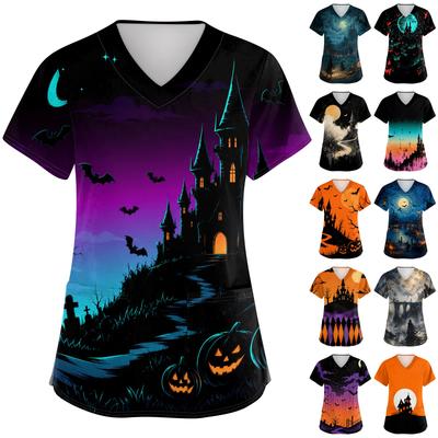 Womens Halloween Print V Neck Scrub Top with Pocket Short Sleeve Medical Uniform Shirt for Healthcare Professionals