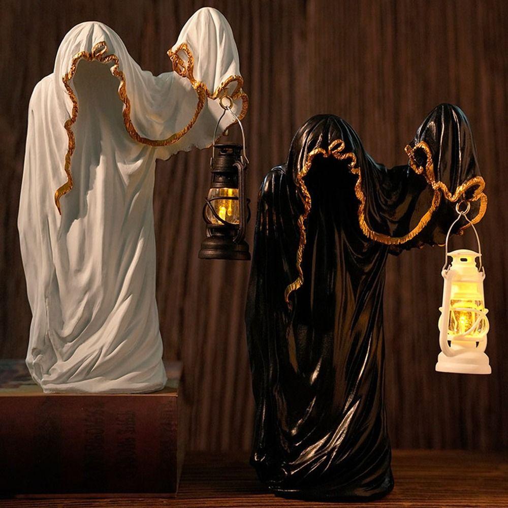 Resin Hell Mailman Lantern Decorative Scary Eerie Glow Ghost Figurine with Lantern Halloween Ghost Lantern Table Centerpieces