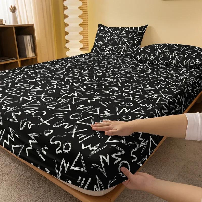 Black 1 Background Matte Bed Sheet With Random Patterns, Bedroom Printed Bed Cover, Bedding Excluding Pillowcases