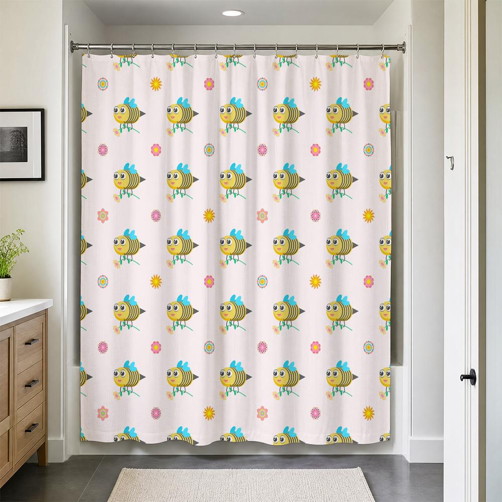 Adorable Bee Pattern Shower Curtain Liner Waterproof Bathroom Decor for Kids Home Accent Cute Cartoon Animals Print Wall Decor S
