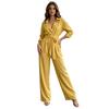 Women Loose Fitting Rompers V Neck Long Sleeves Jumpsuit, Collared One Piece Romper with Wide Leg Pants Belt, Solid Color Dressy Casual Fall Outfits