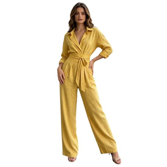 Women Loose Fitting Rompers V Neck Long Sleeves Jumpsuit, Collared One Piece Romper with Wide Leg Pants Belt, Solid Color Dressy Casual Fall Outfits