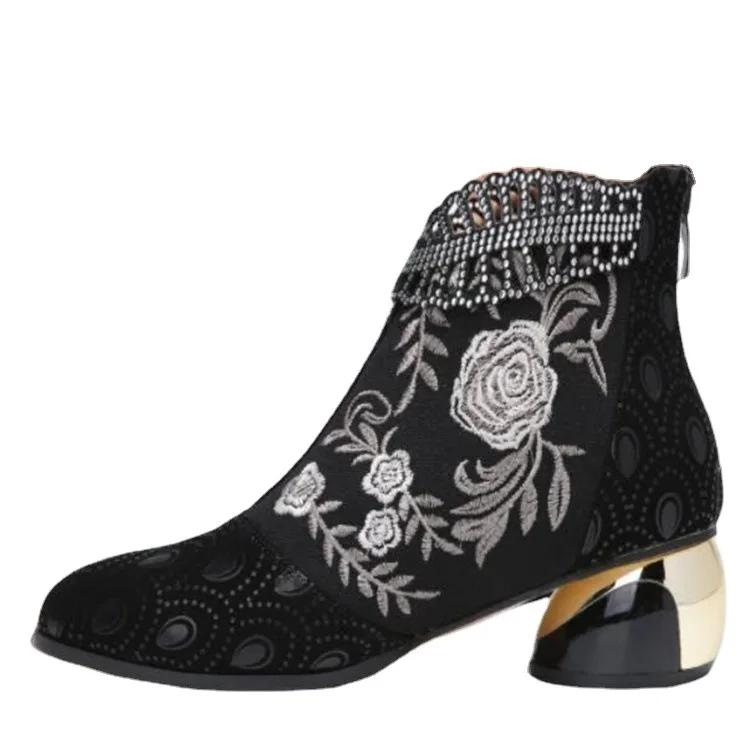 New Ankle Boots Women's Shoes Leather Boots Embroidery Ethnic Bohemia Zipper Spring Autumn Ladies Botas Botas De Mujer2025