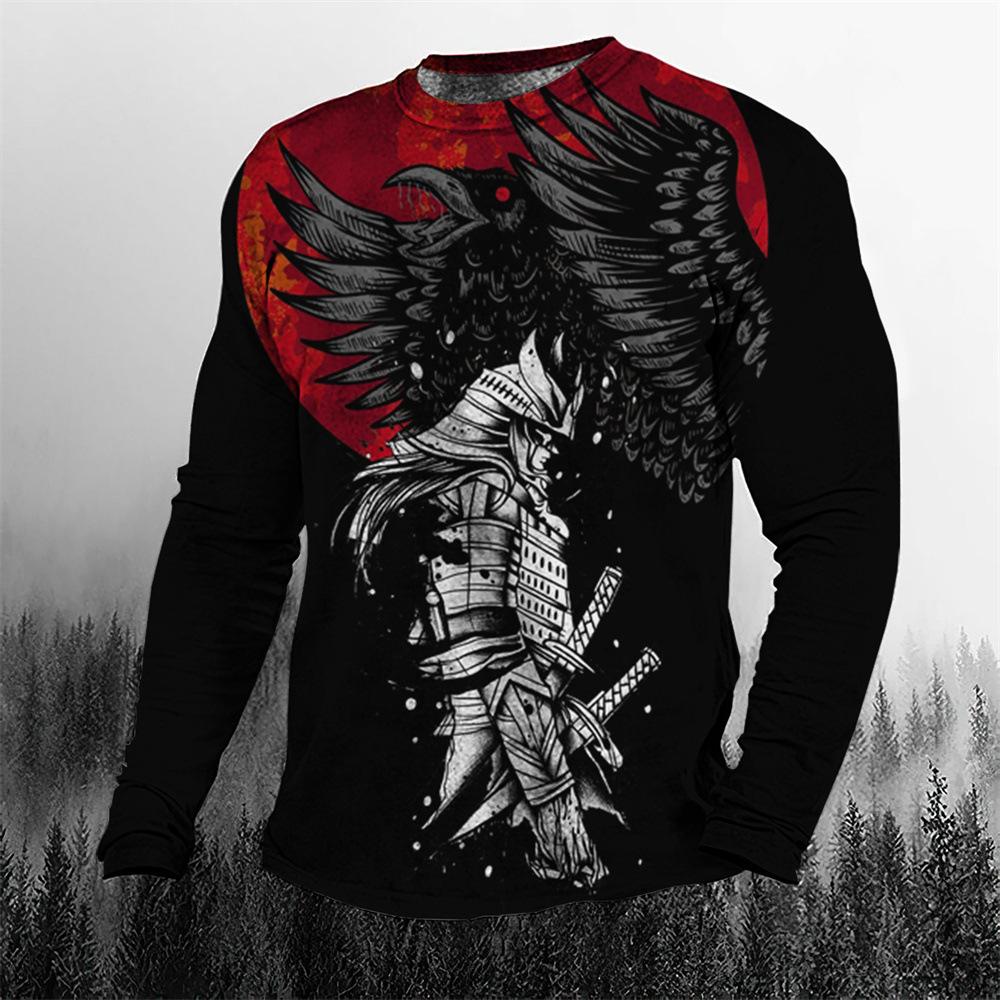Samurai 3D Digital Printed Men's Street Trendy Round Neck Long Sleeve T-shirt