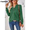 Europa und die Vereinigten Staaten Neue einfarbige V-Ausschnitt-Knöpfe Lose Langarm-T-Shirt-Oberteile für Frauen