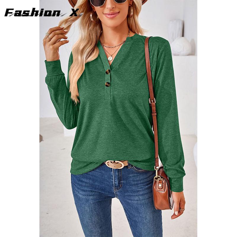 Europa și Statele Unite ale Americii, cu nasturi, cu decolteu în V, tricou largi cu mâneci lungi, Topuri pentru femei