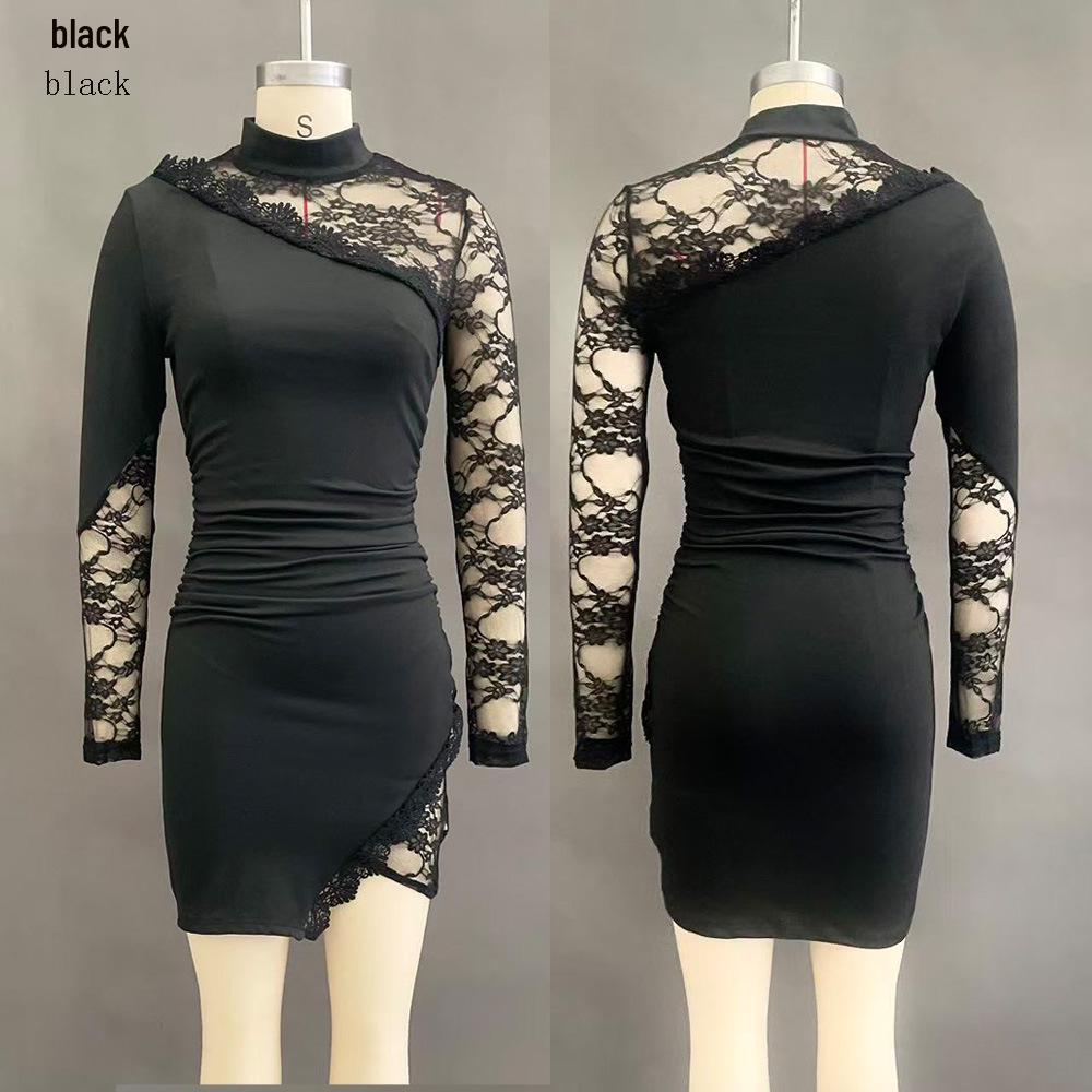 Elegant Lace Patchwork Slimming Long Sleeve See-through Dress XL