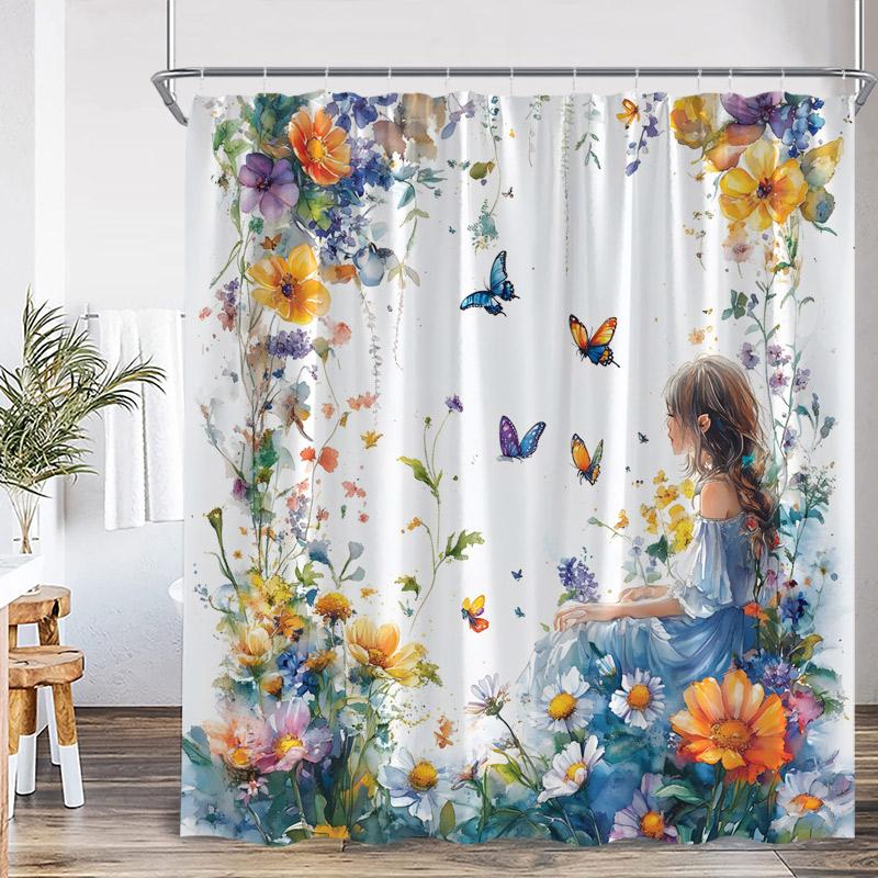 

Watercolour Floral Butterflies Shower Curtains Yellow Purple Flower Green Plant Butterfly Minimalist Bathroom Decor Bath Curtain 90x180cm-35x70in