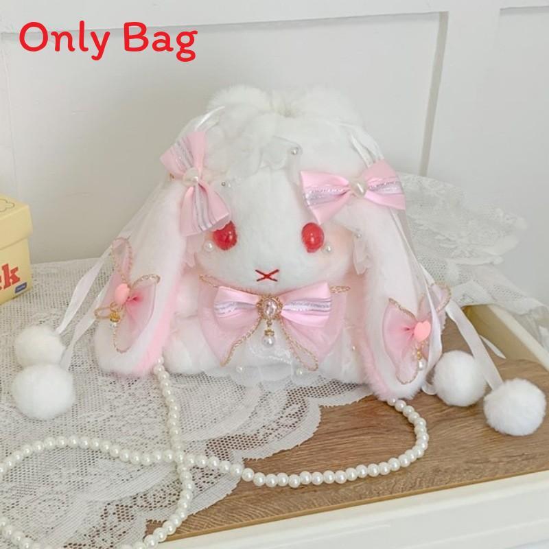 Japanese Lolita Bunny Plush Bag With Pearl Chain For Daily Fashion And Cute Storage