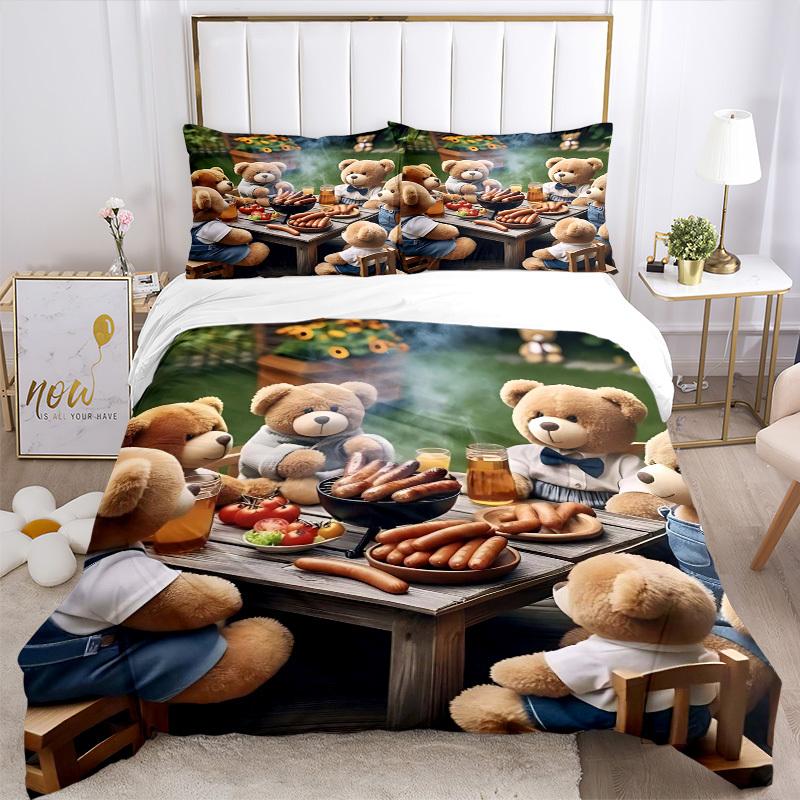 3pcs Anime Teddy Bear Picnic Bedding Set - Includes One Quilt Cover and Two Pillowcases (No Core) - Perfect for Bedroom and Guest Room Decor