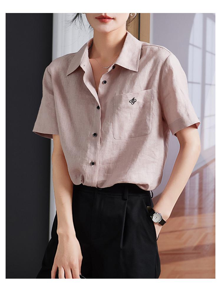 Embroidered collar short sleeved linen shirt for women, 2026 summer commuting versatile shirt, small shirt