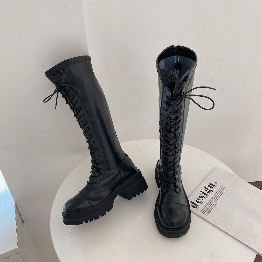 Comemore Women's Long Boots Shoes Knee High Spring Chunky Heel Boot Punk Style Casual White Black Lace Up Platform Botas Woman