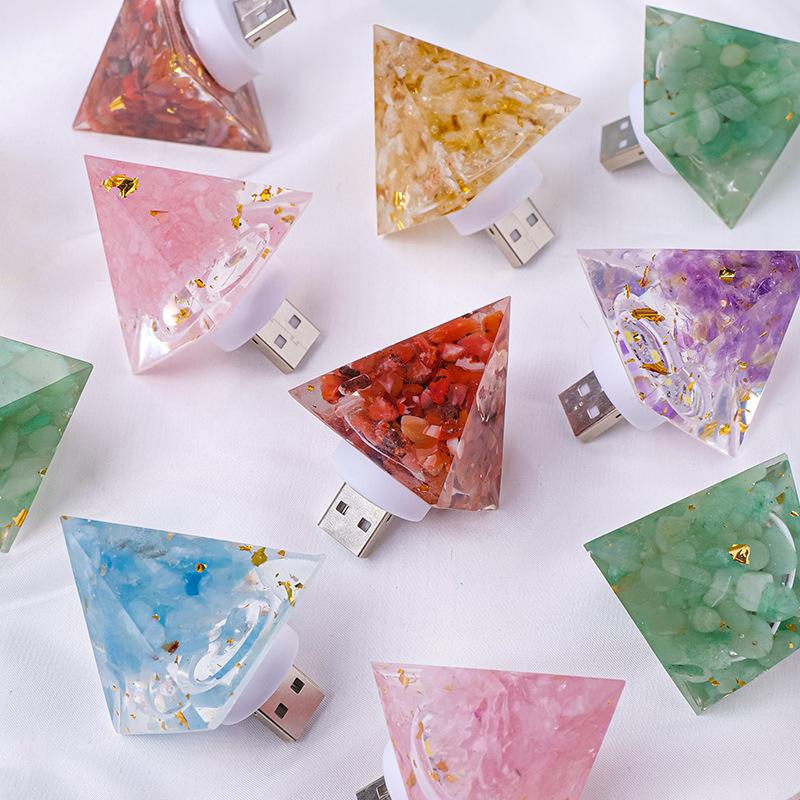 Natural Crystal Stone Pyramid Statue USB Night Light Reiki Orgone Pyramid Lamp Amulet Sculpture for Home Office Decoration