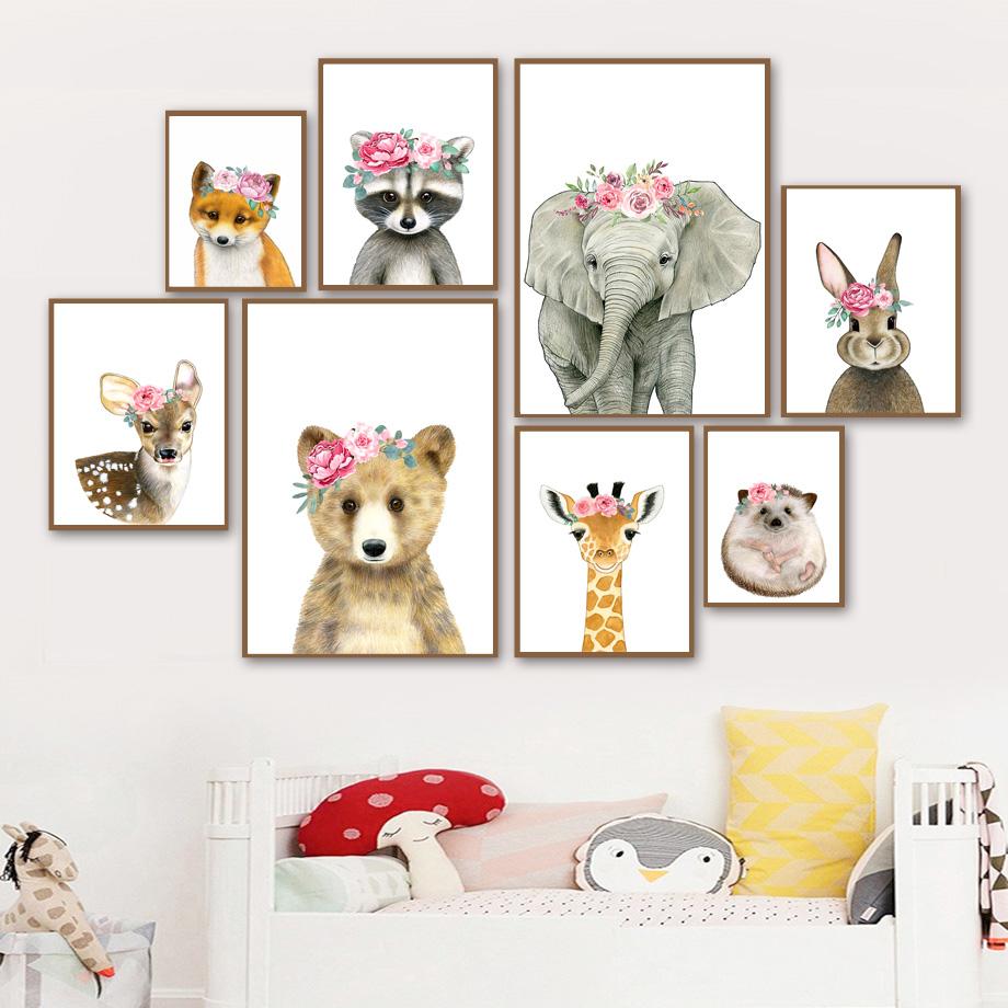 

Лиса, кролик, олень, медведь, жираф, цветок, корона, животные, настенная живопись на холсте, постеры на скандинавскую тему и принт, Декор, изображение для комнаты для маленькой девочки