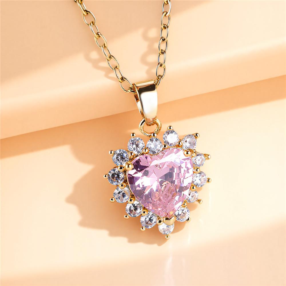 Female Crystal Zircon Pink Stone Love Heart Pendant Necklace Vintage Gold Color Wedding  For Women