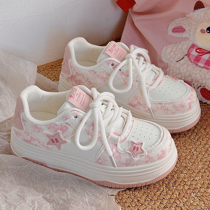 Pink platform bread shoes female stars 2025 autumn new chic niche design breathable sports little white shoes