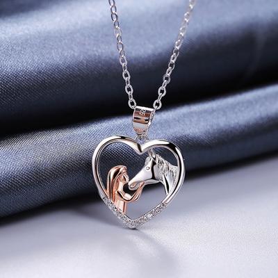 Yousheng Necklace Chain Personality Color Matching Inlaid Rhinestone Girls And Horse Love Heart Pendant Necklace Jewelry Accessory