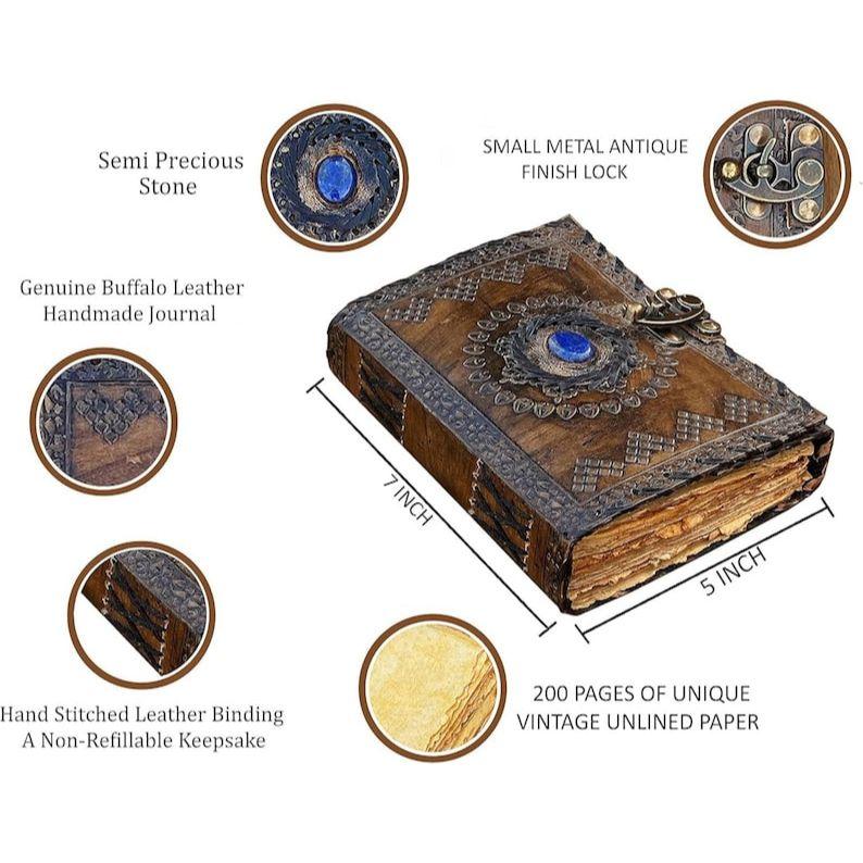 Vintage Skórzany Dziennik z Lapis Lazuli | Papier Antyczny | Zamknięcie na Kluczyk | Grimuar, Księga Cieni Wicca, Szkicownik