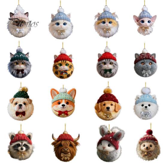 Winter Knitted Hat Ornament Plush Pet Shaped 2D Acrylic Cat Dog Rabbit Christmas Tree Pendant Cozy Animal Charm for Car Rearview Mirrow Window