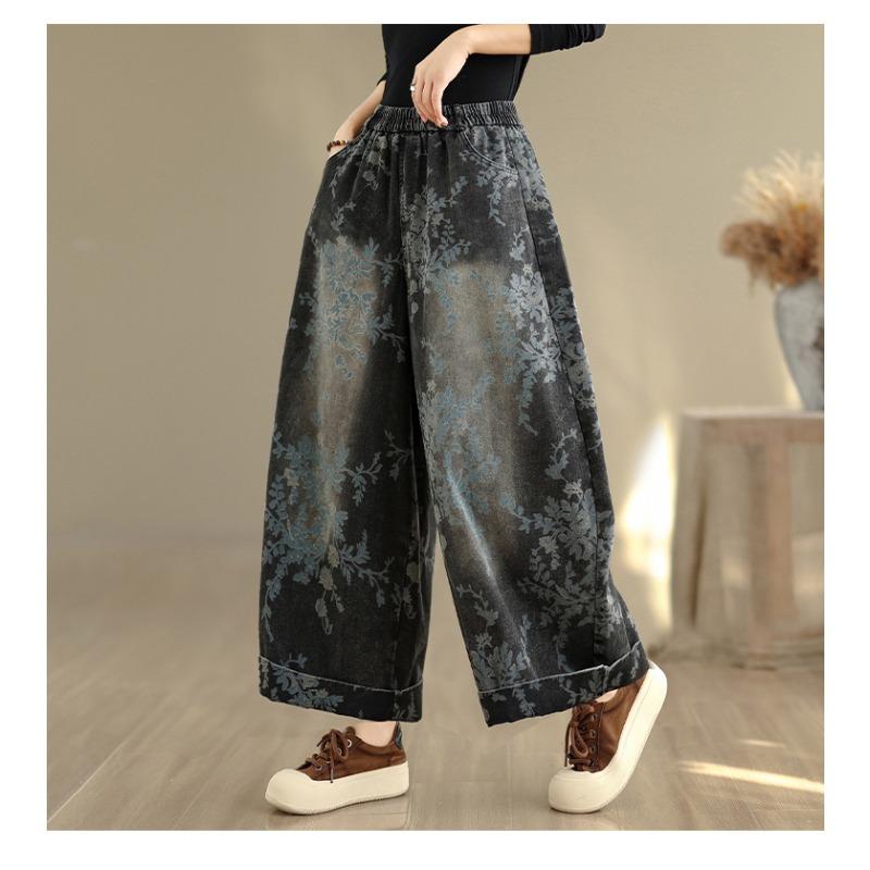 DIMANAF 2025 Plus Size Autumn Jeans New Long Pants Floral Print Women Loose Denim Trousers Big Size Casual