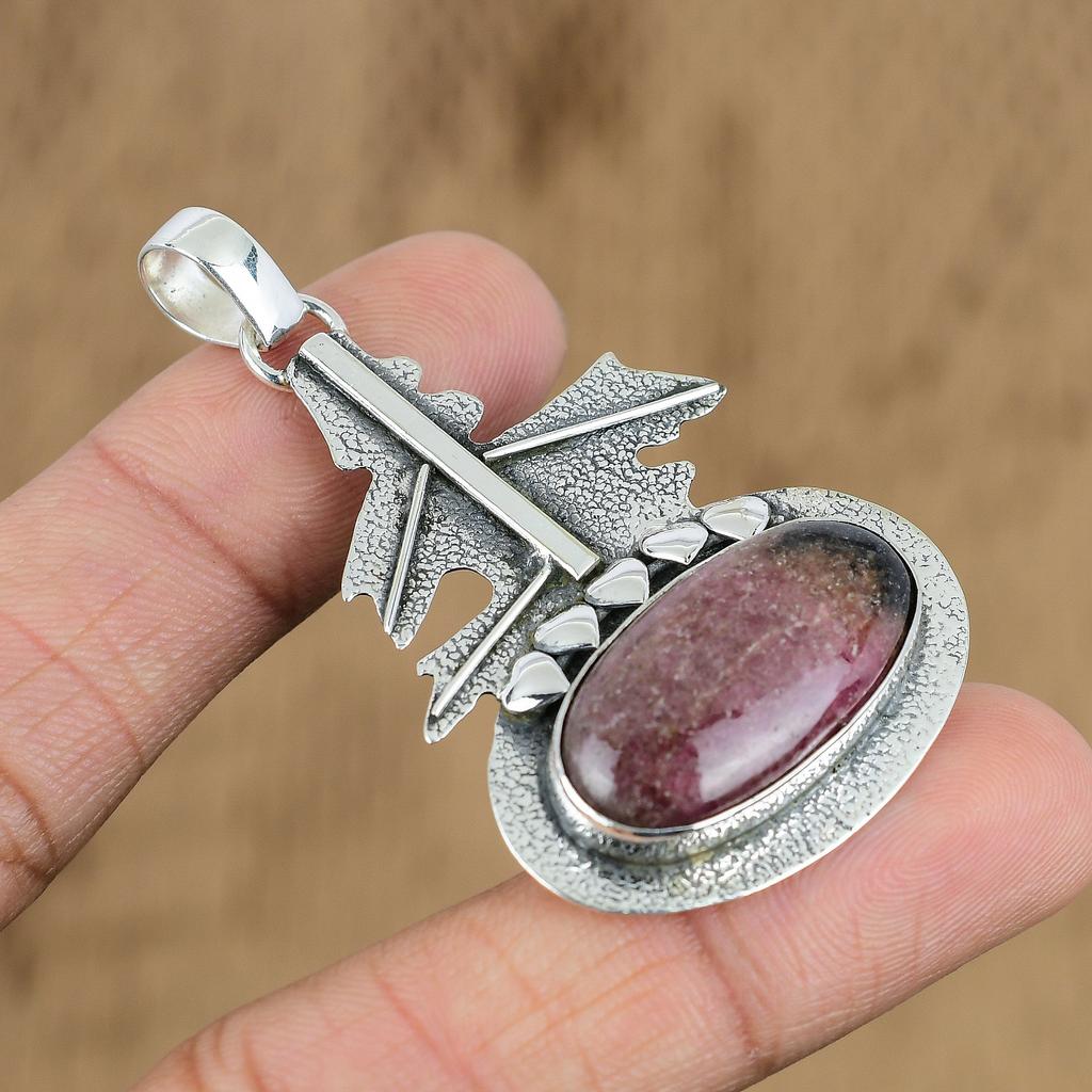 Natural Rhodonite Gemstone Pendant Pink 925 Sterling Silver Indian Jewelry