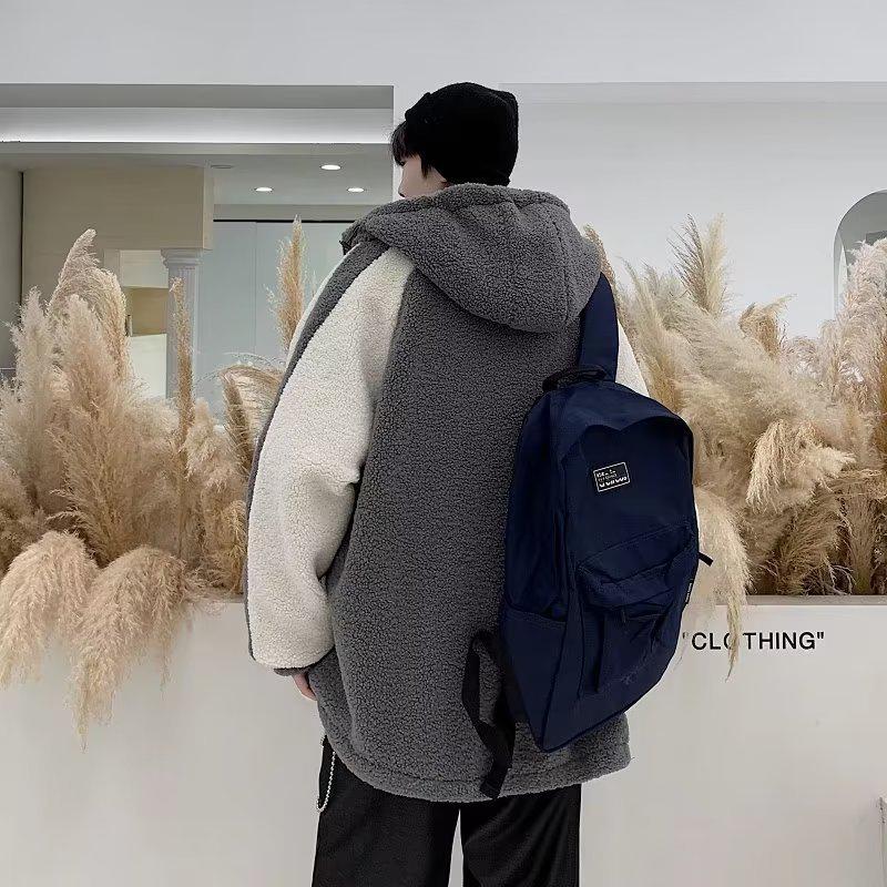 Men's Winter Sherpa Fleece Hooded Jacket - Korean Style Color Block Lambswool Patchwork