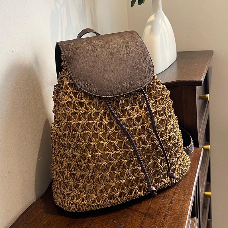 Women's Straw Backpack Summer Boho Bohemian Hollow Shoulder Bag Hobo Crochet Woven Travel Bags for Women Knitted Beach Back Pack
