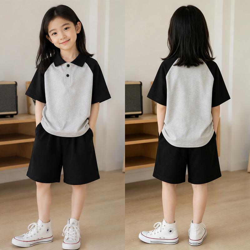 Girls' Korean Style Short-Sleeve Lapel T-Shirt and Patchwork POLO Shirt Set – Summer Casual Two-Piece Outfit for Medium & Large Children