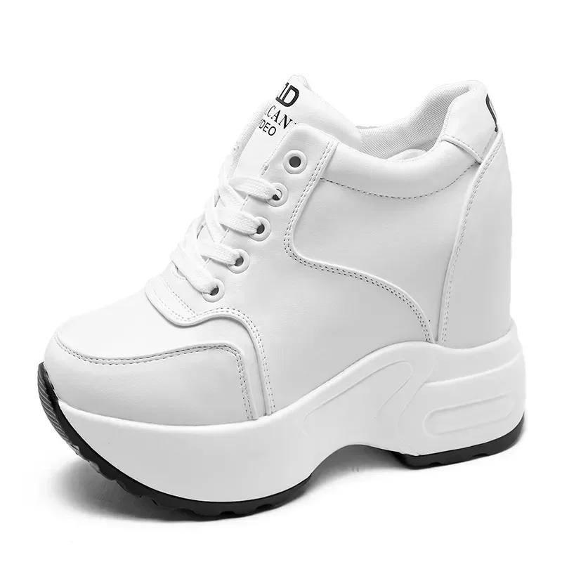 Fashion New Women's Ankle Boots Autumn Leather Chunky Shoes Woman Platform Height Increased Sneakers 10CM Thick Sole Wedges White Boots