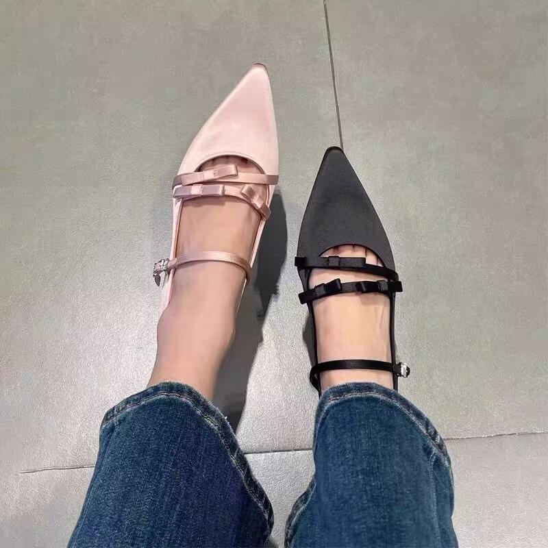 Chaussures à petit talon Été Nouveau Bout pointu Ouverture peu profonde Nœud papillon Semelle souple Antidérapant Résistant à l'usure Chaussures basses