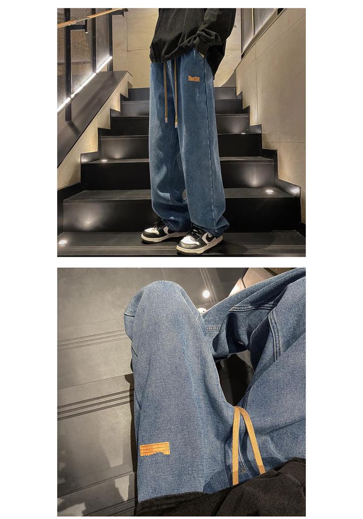Jeans da uomo alla moda, versatili, con coulisse: Pantaloni Casual High-Street Larghi Dritti a Gamba Larga Primavera e Autunno