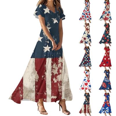 Women's Independence Day Printed Casual Fashion Dresses V-Neck Short Sleeve Dresses