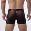 Sexy Herren-Unterhose, leicht zu öffnen, hohl, niedrige Taille, durchsichtiges Netz, Kunstleder, Patchwork, dünn, weich, atmungsaktiv, Boxershorts für Männer