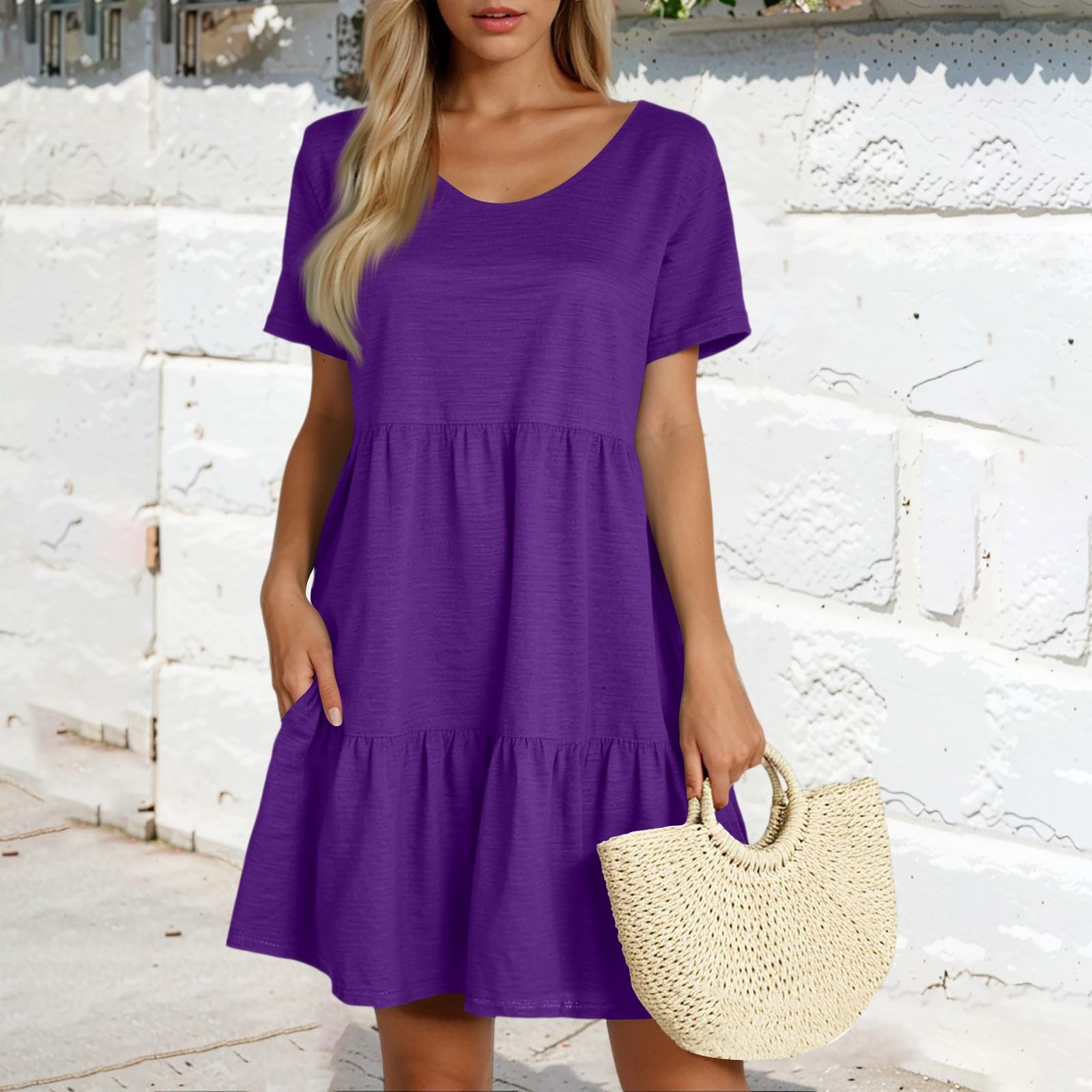 

Женская повседневная модная юбка с круглым вырезом и коротким рукавом, однотонная юбка-торт M фиолетовый