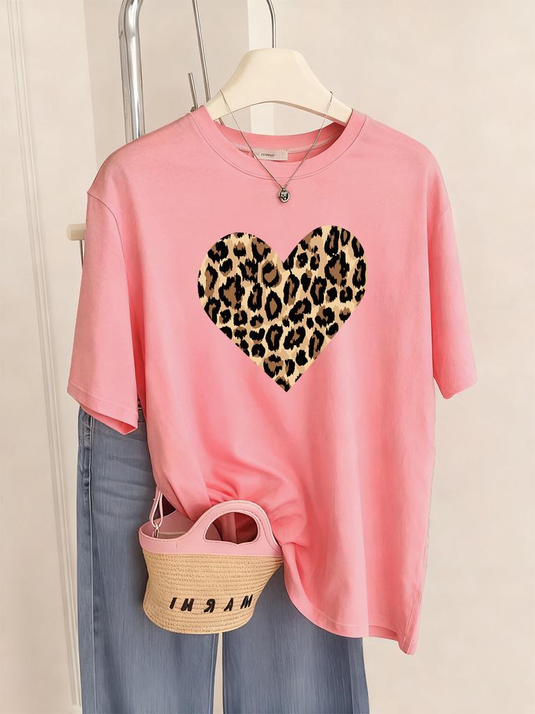 Leopard Heart Shape Printing TShirt Womens Basics Comfortable T Shirts Loose ONeck Short Sleeve Tops Summer Soft Woman Clothes