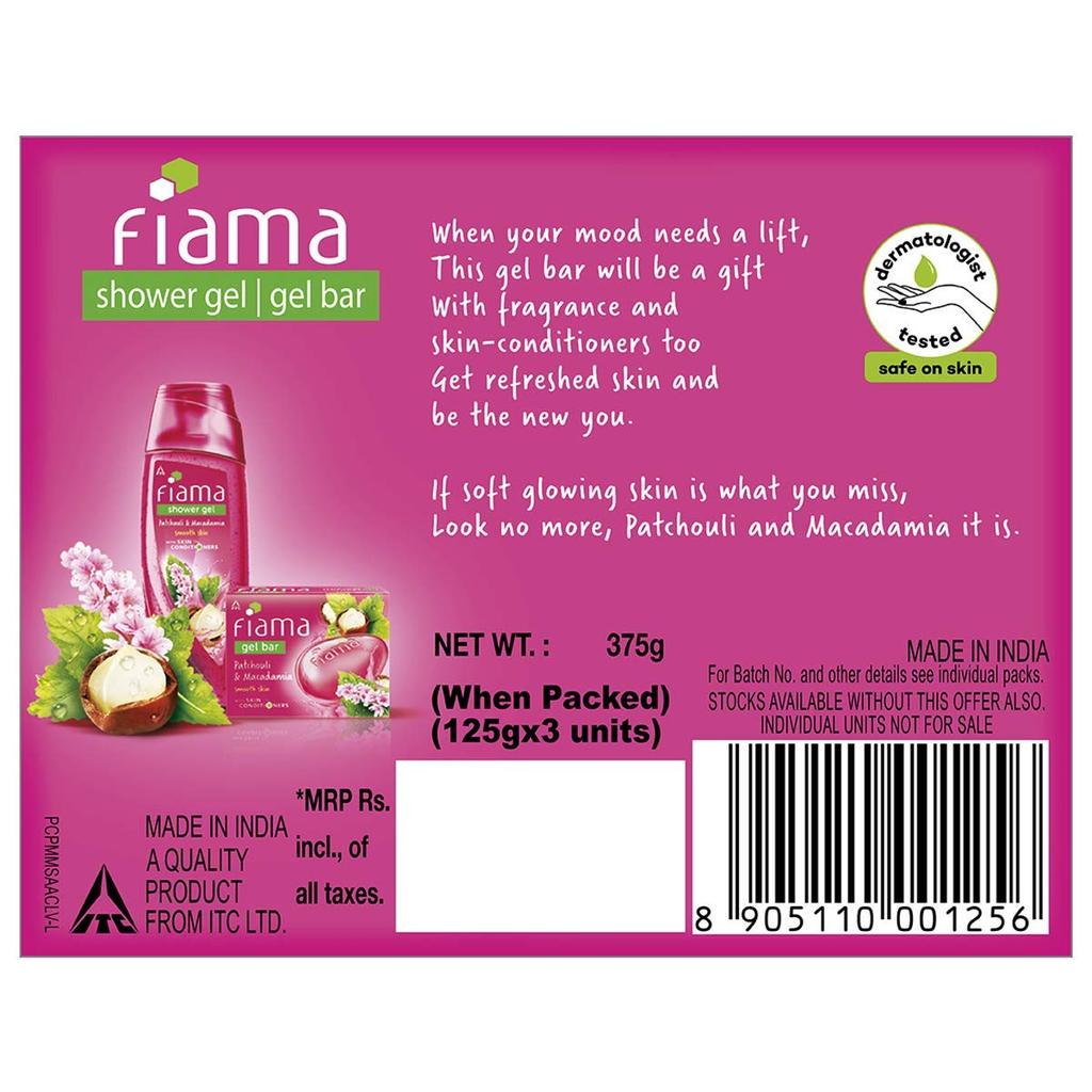 Fiama Gel Bar Patchouli And Macadamia Soap 125GX3 For Soft Glowing Skin With Skin Friendly PH For Women And Men